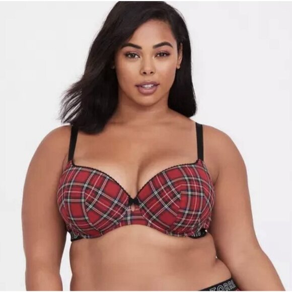 Torrid Curve Logo Red Plaid Cotton Lightly Lined T-Shirt Bra UW Womens 44D - Picture 1 of 8